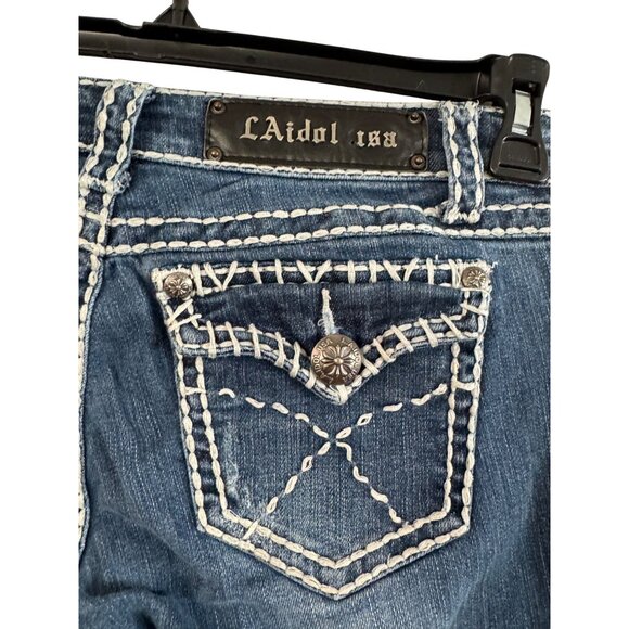 L.A. Idol Womens Jeans Size 5 Bootcut Dark Wash Contrast Stitching Embellished P - Picture 6 of 8